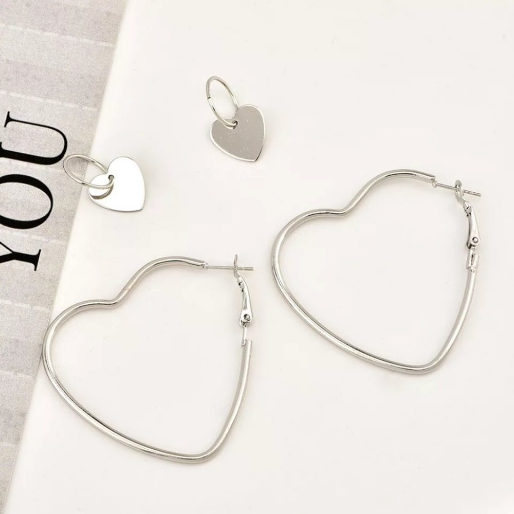 2Pair Double Heart Hoop Dangle Earrings - Picture 5 of 7